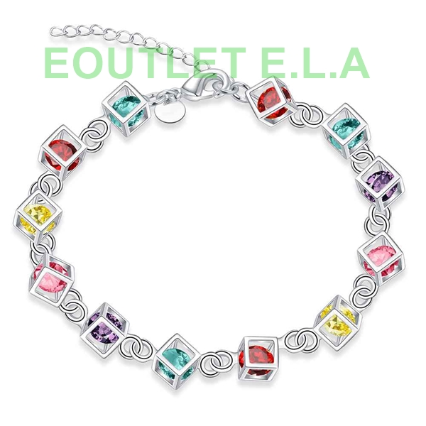 8mm RAINBOW CZ CUBES SILVER BRACELET-20 to 25cm